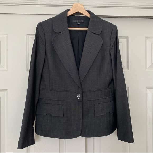 Anne Klein Black Charcoal Plaid Career Blazer Jacket Women's 12 Toggle Closure - Picture 2 of 13